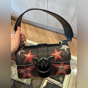 Pinko Black and Red Star Embellished Chain Flap Bag